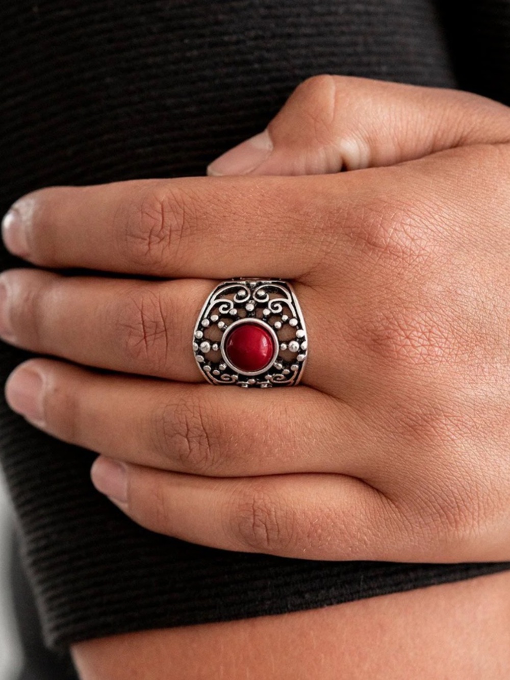 🍓Red and Silver Filigree Statement Ring